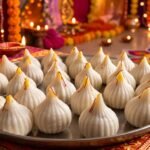 Ukadiche Modak — handmade steamed Maharashtrian sweet with saffron on a silver plate, festive Diwali setting