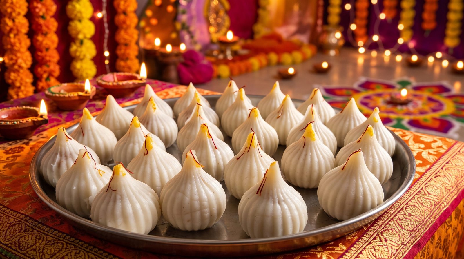 Ukadiche Modak — handmade steamed Maharashtrian sweet with saffron on a silver plate, festive Diwali setting